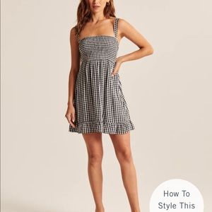 Gingham smocked squareneck mini dress